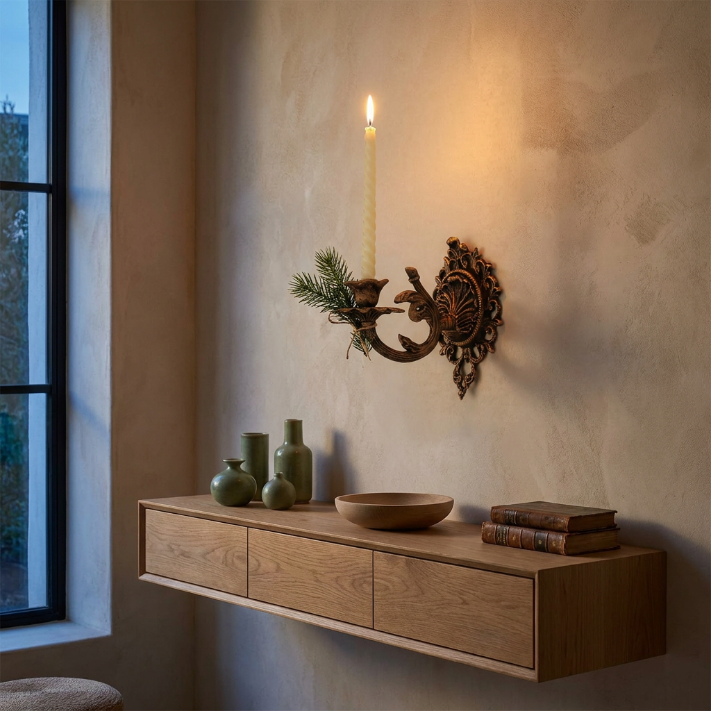 Vintage iron scrollwork wall candle sconce in a Japandi interior, mounted on a plaster wall above an oak console, holding a taper candle
