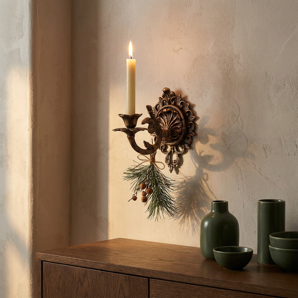 Vintage iron scrollwork wall candle sconce close-up, mounted on a plaster wall above an oak console, holding a taper candle