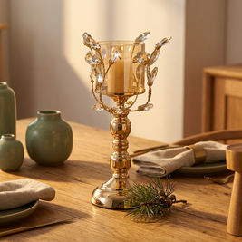 Crystal look floral glass pillar candle stand on an iron stem close-up, on an oak dining table
