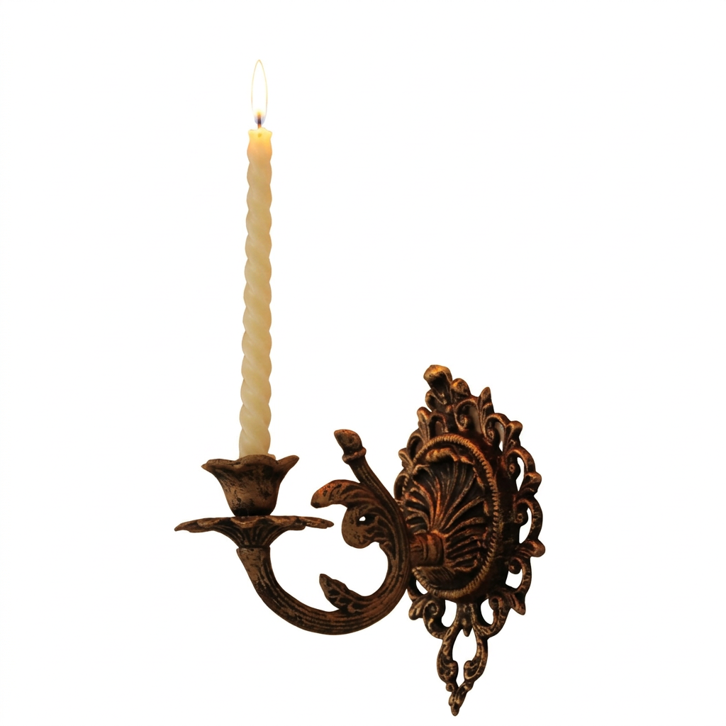 Vintage iron scrollwork wall candle sconce on a white background
