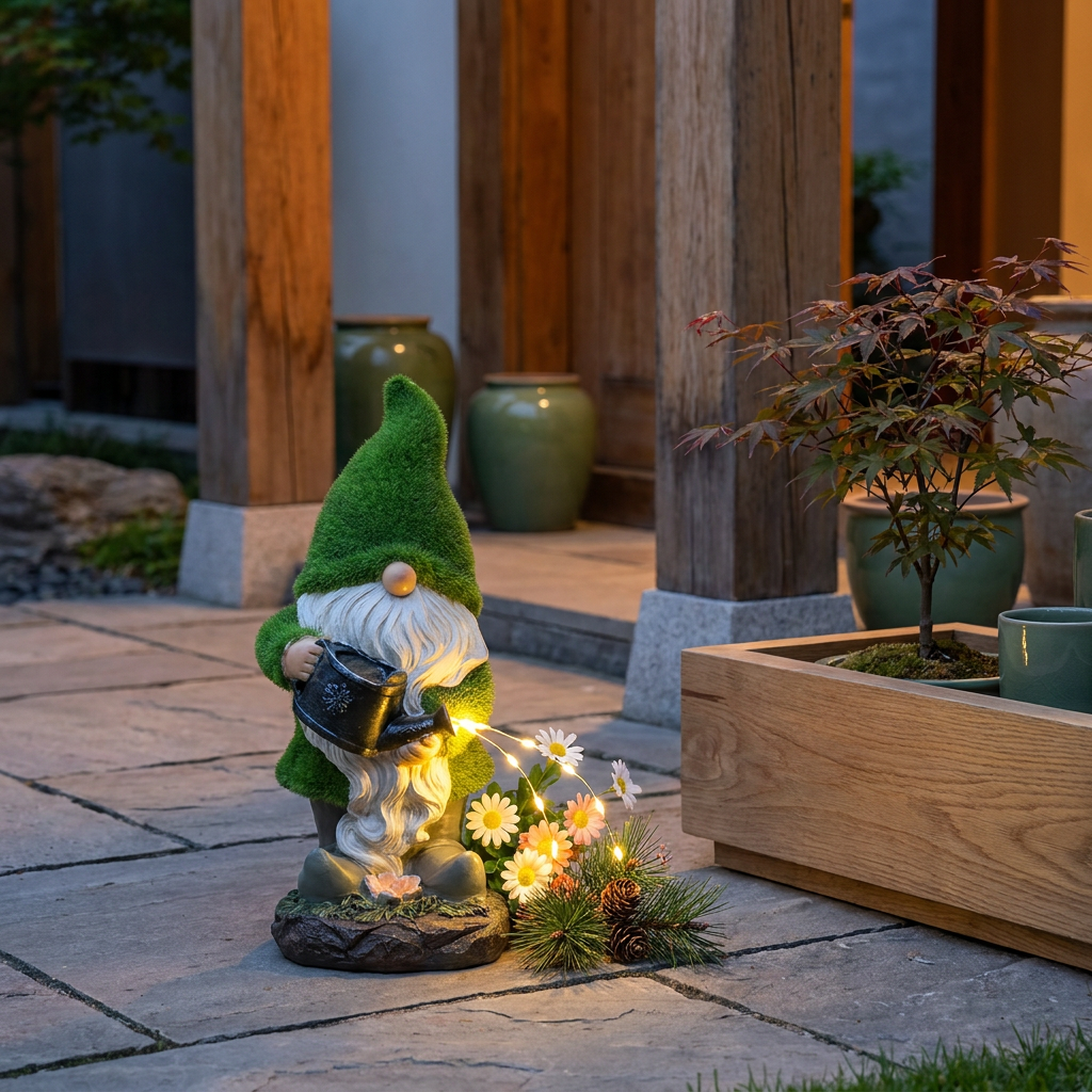 Light up solar resin garden gnome statue in a Japandi garden, on a stone path beside a planter at dusk, softly glowing