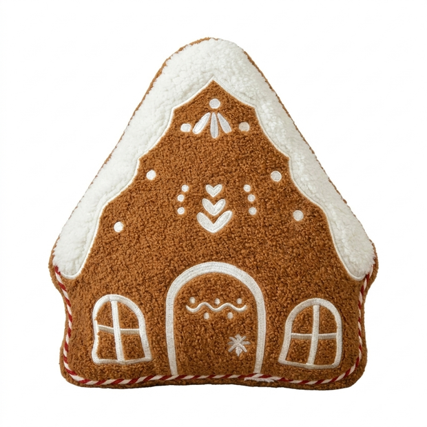 Gingerbread house shaped embroidered throw pillow on a white background
