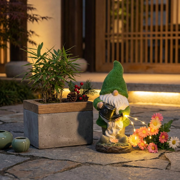 Light up solar resin garden gnome statue close-up, on a stone garden path beside a planter at dusk, softly glowing