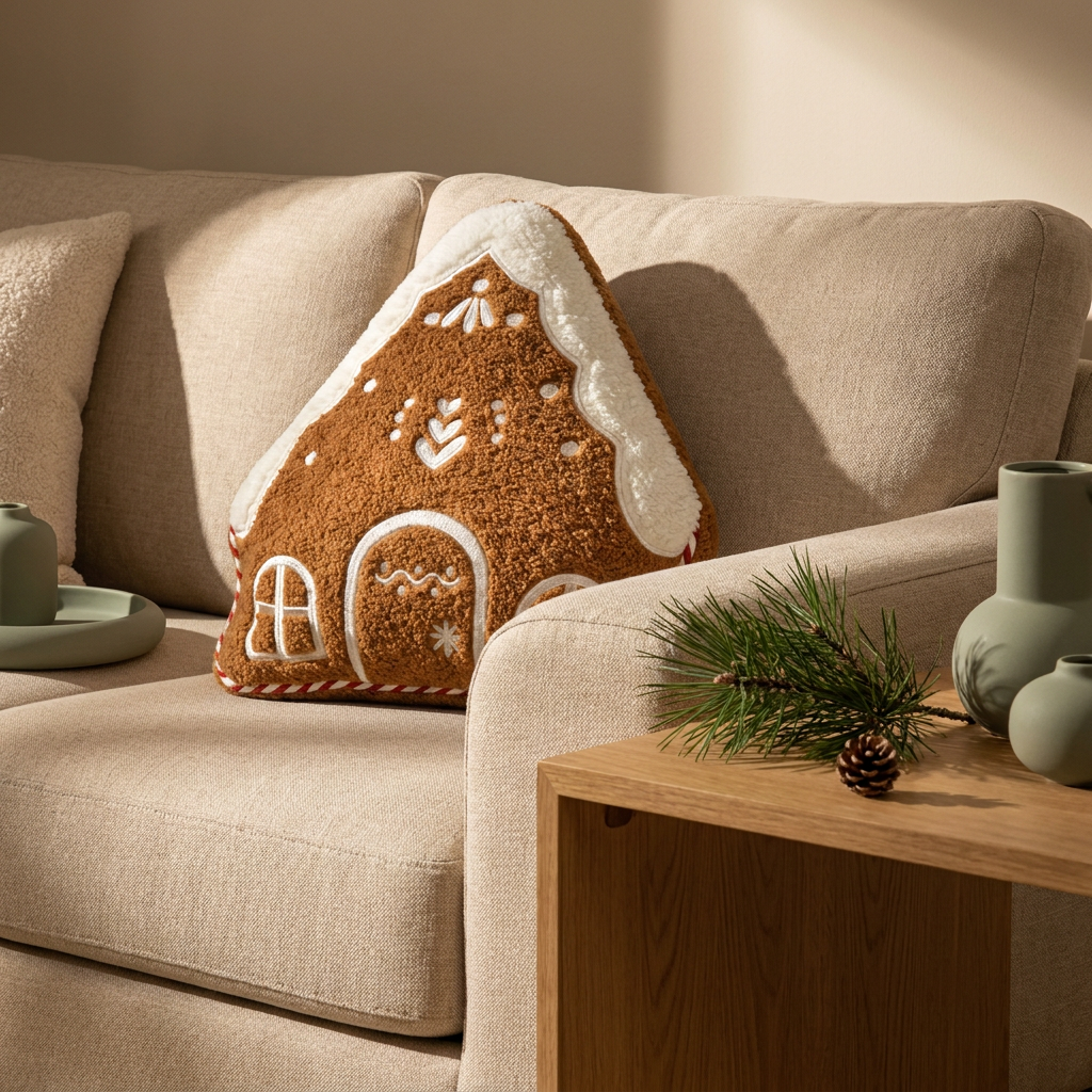 Gingerbread house shaped embroidered throw pillow close-up, on a linen sofa