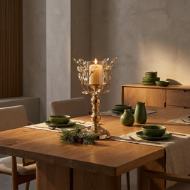 Crystal look floral glass pillar candle stand on an iron stem in a Japandi interior, on an oak dining table