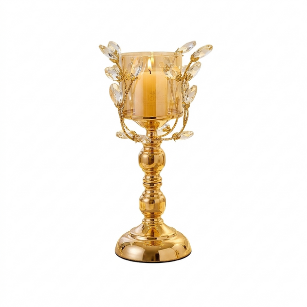 Crystal look floral glass pillar candle stand on an iron stem on a white background