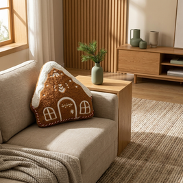 Gingerbread house shaped embroidered throw pillow in a Japandi interior, on a linen sofa