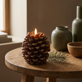 Flameless real wax pine cone LED candle close-up, on an oak side table
