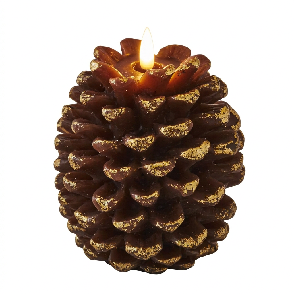 Flameless real wax pine cone LED candle on a white background