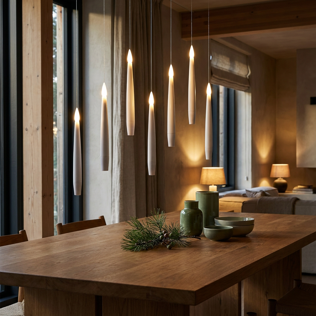 Set of flameless LED floating candles in a Japandi interior, floating at different heights above an oak dining table