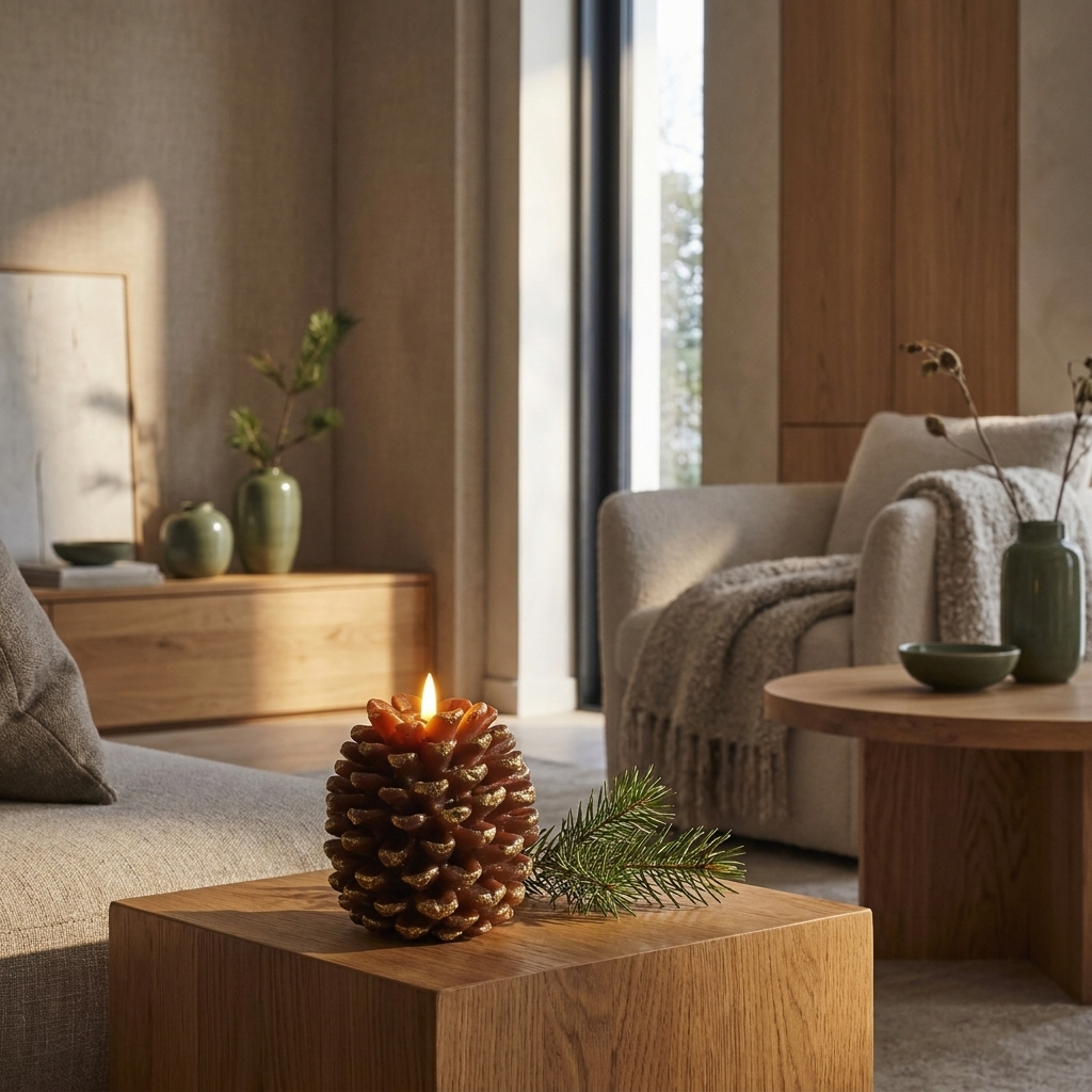 Flameless real wax pine cone LED candle in a Japandi interior, on an oak side table