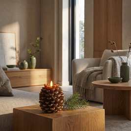 Flameless real wax pine cone LED candle in a Japandi interior, on an oak side table