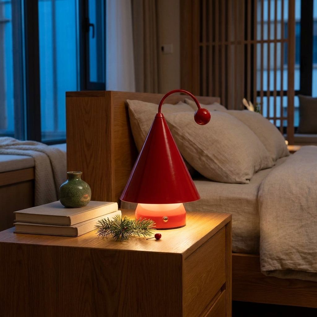 Rechargeable cordless cone table lamp in a Japandi interior, on an oak nightstand, glowing warmly