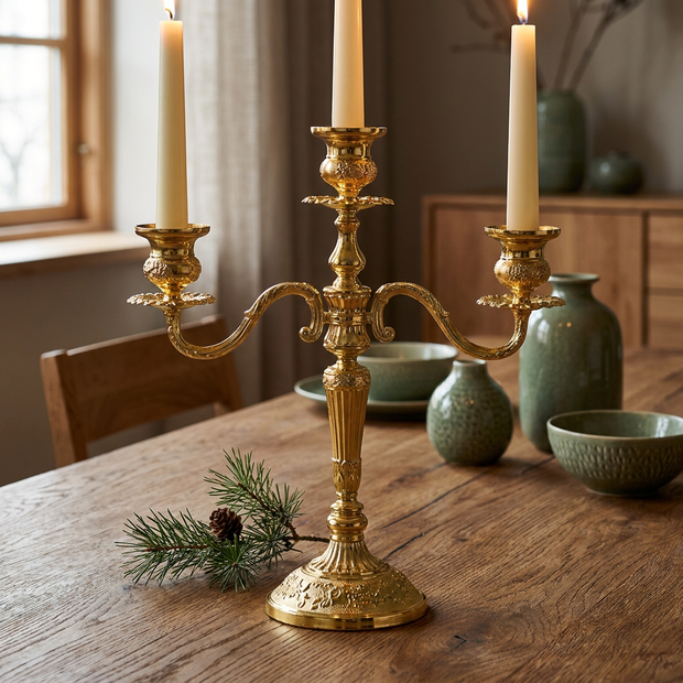 Vintage floral alloy candelabra for taper candles close-up, on an oak dining table holding taper candles