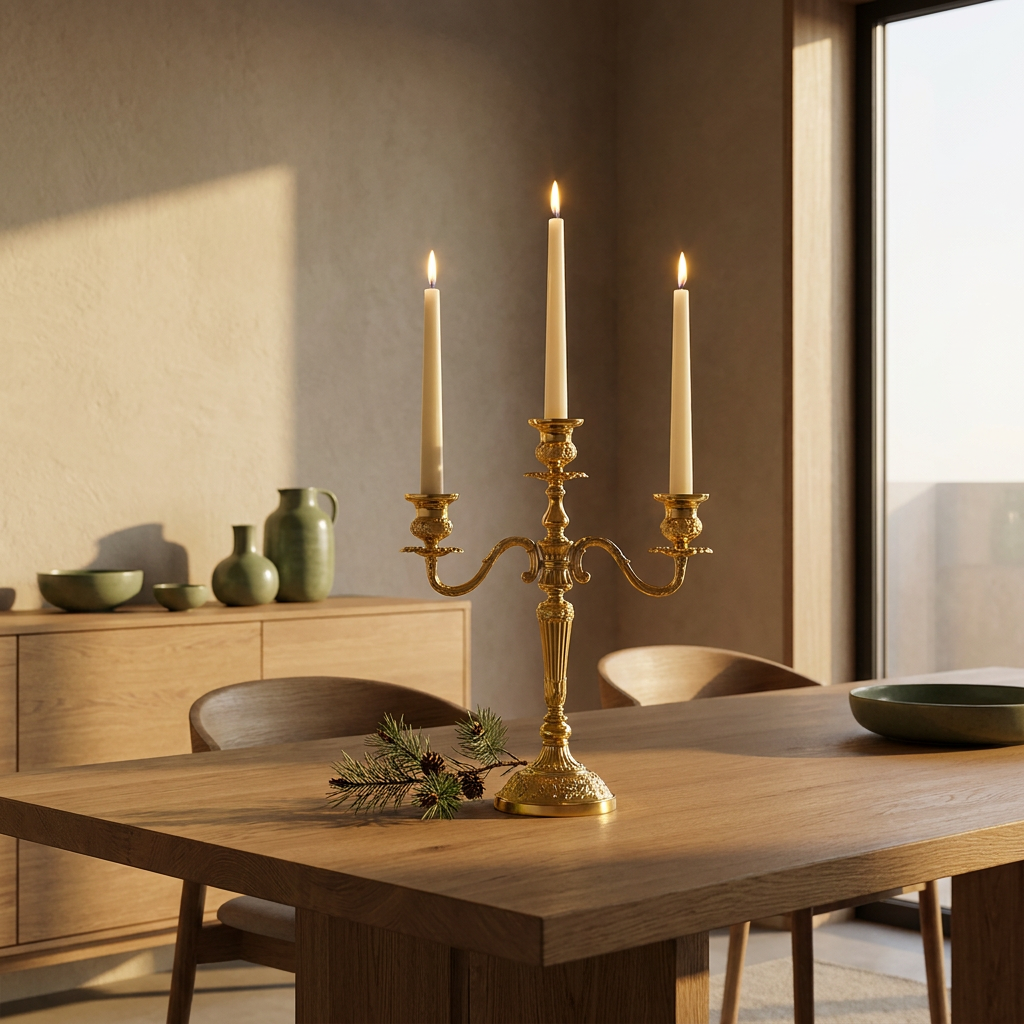 Vintage floral alloy candelabra for taper candles in a Japandi interior, on an oak dining table holding taper candles