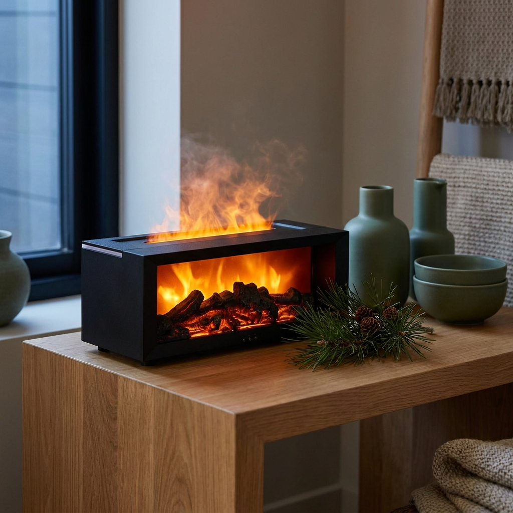 Flame effect humidifier and essential oil diffuser close-up, on an oak side table, glowing mist rising