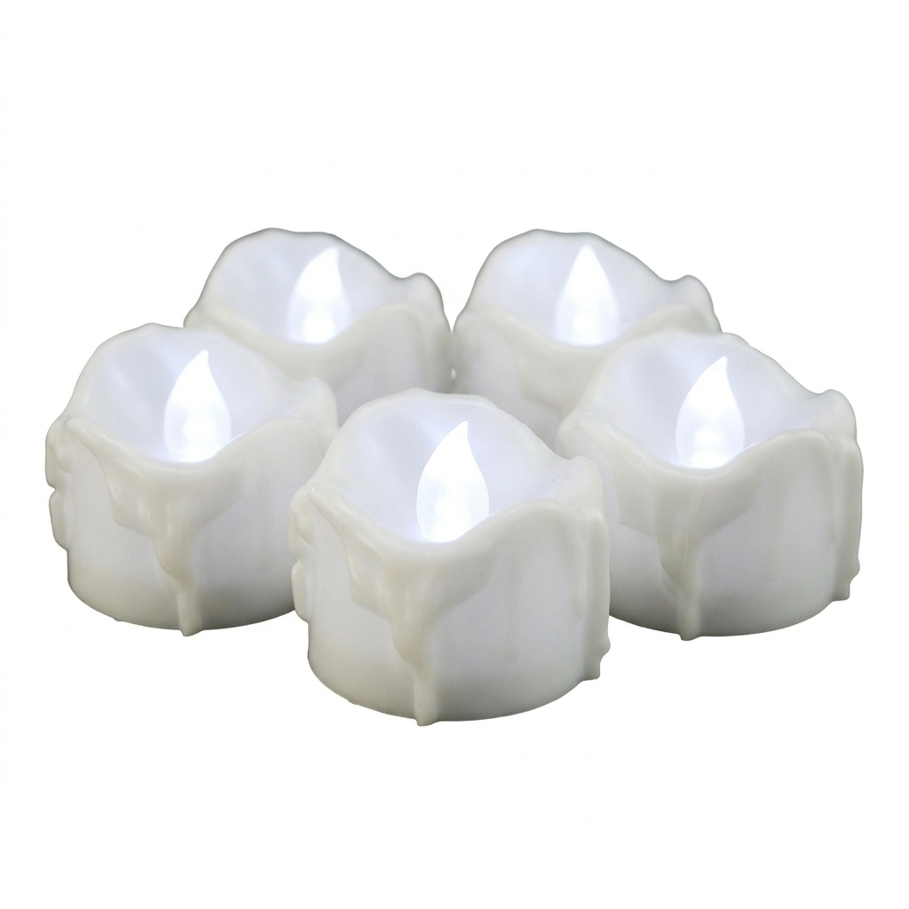 Set of flameless LED tea lights on a white background