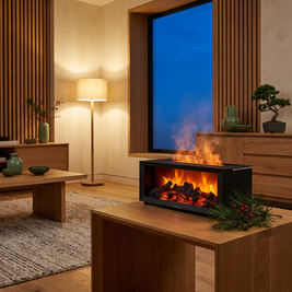 Flame effect humidifier and essential oil diffuser in a Japandi interior, on an oak side table, glowing mist rising