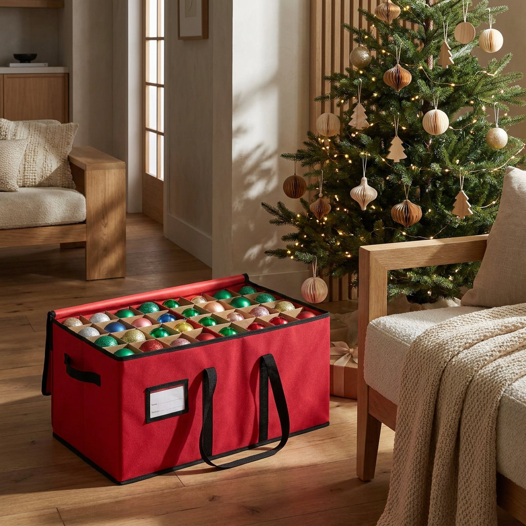 Fabric ornament storage box close-up with ornaments stored inside, next to a Christmas tree