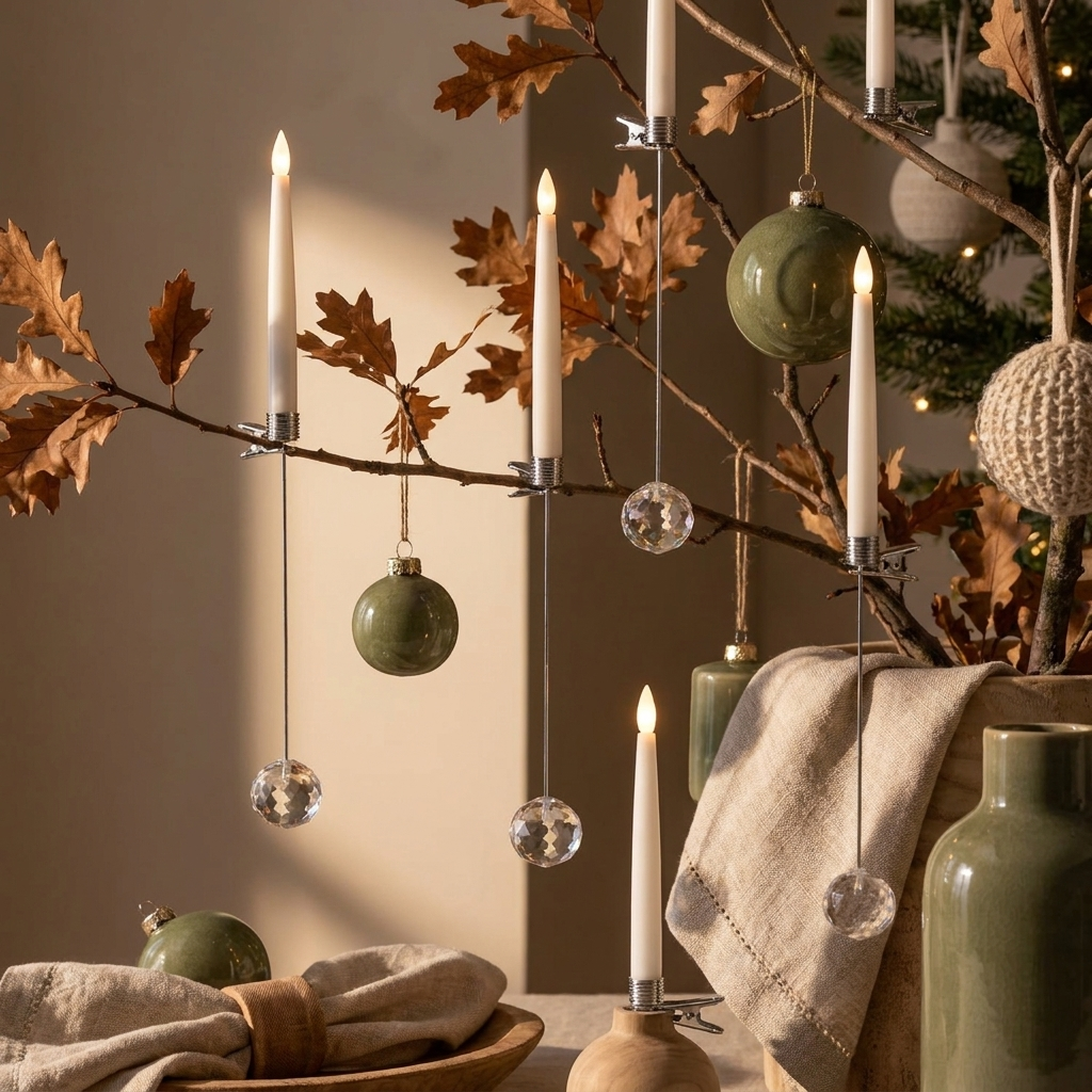Flameless LED candles with hanging crystal look ornaments on decorative branches, close-up
