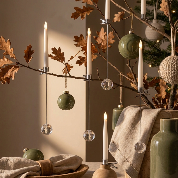Flameless LED candles with hanging crystal look ornaments on decorative branches, close-up