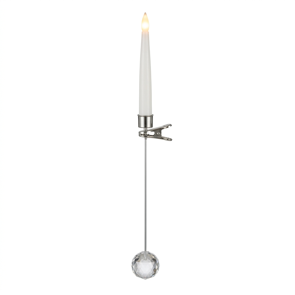 Flameless LED Christmas tree candle with hanging crystal look ornament on a white background