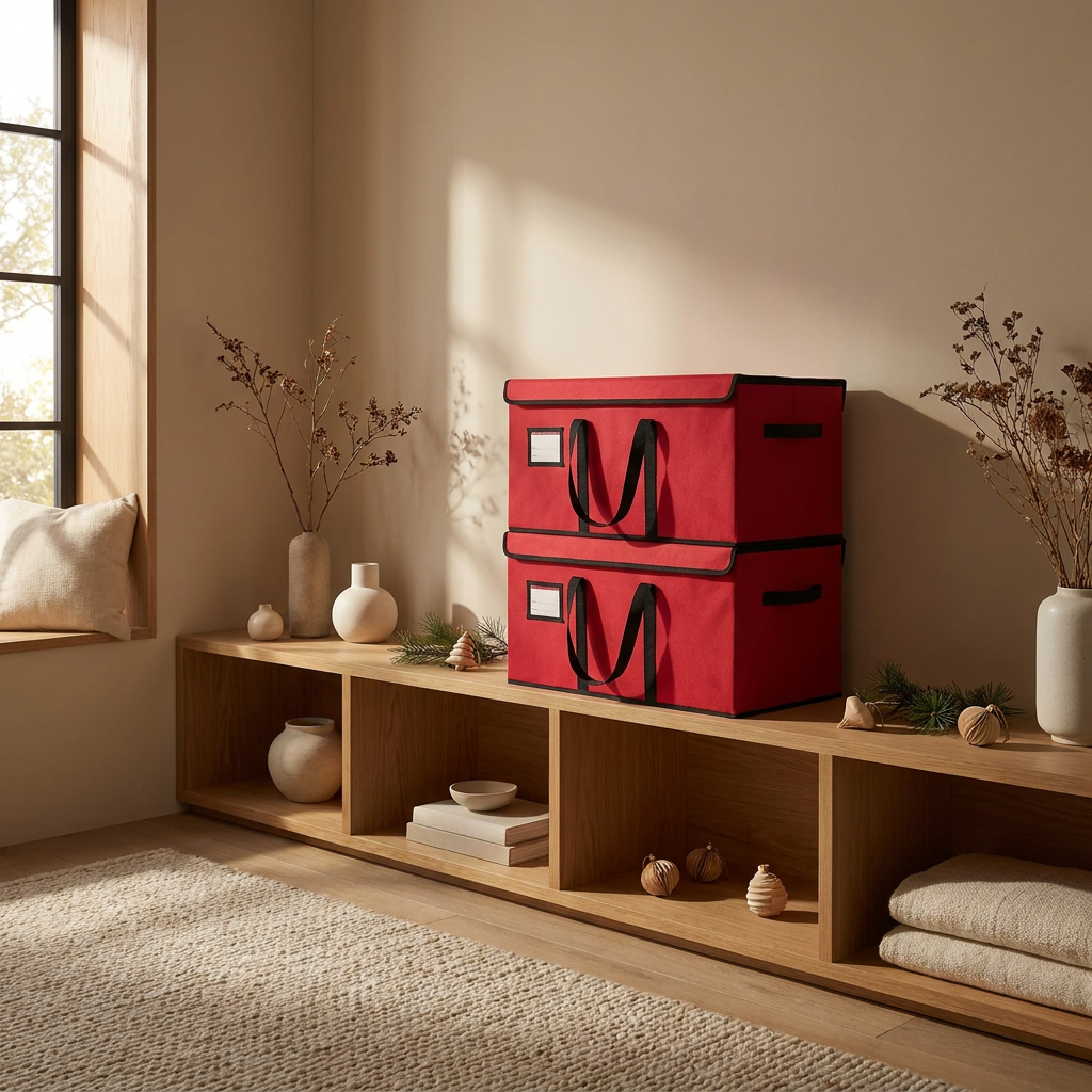 Stackable fabric ornament storage boxes on an oak shelf in a Japandi interior