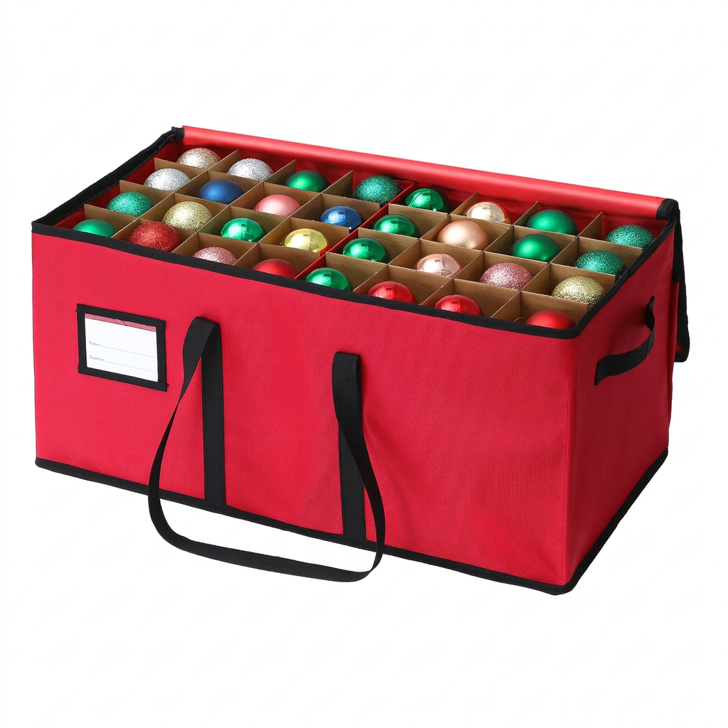 Stackable fabric ornament storage box with trays on a white background