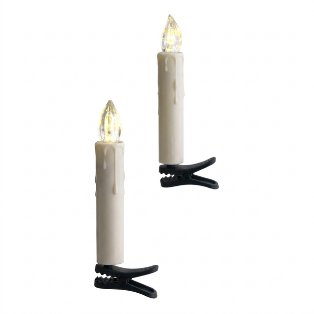 Clip on flameless LED Christmas tree candles on a white background