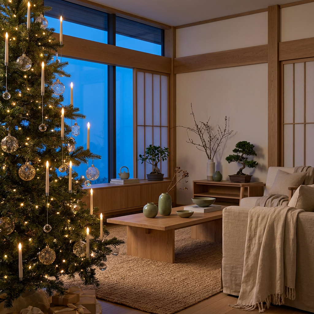 Flameless LED Christmas tree candles with hanging crystal look ornaments on a tree in a Japandi interior