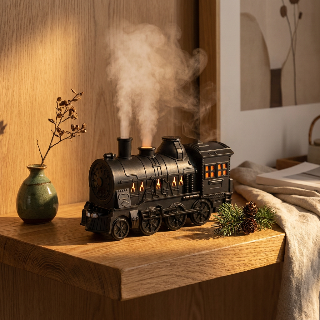 Steam locomotive shaped humidifier oil diffuser close-up, on an oak shelf with mist rising from the chimney