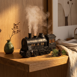 Steam locomotive shaped humidifier oil diffuser close-up, on an oak shelf with mist rising from the chimney