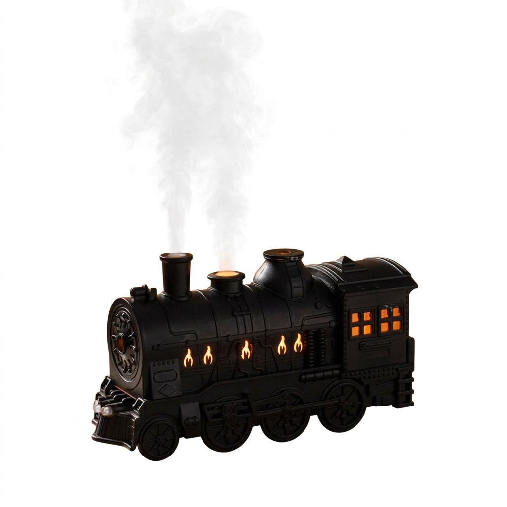Steam locomotive shaped humidifier oil diffuser on a white background