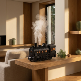 Steam locomotive shaped humidifier oil diffuser in a Japandi interior, on an oak shelf with mist rising from the chimney