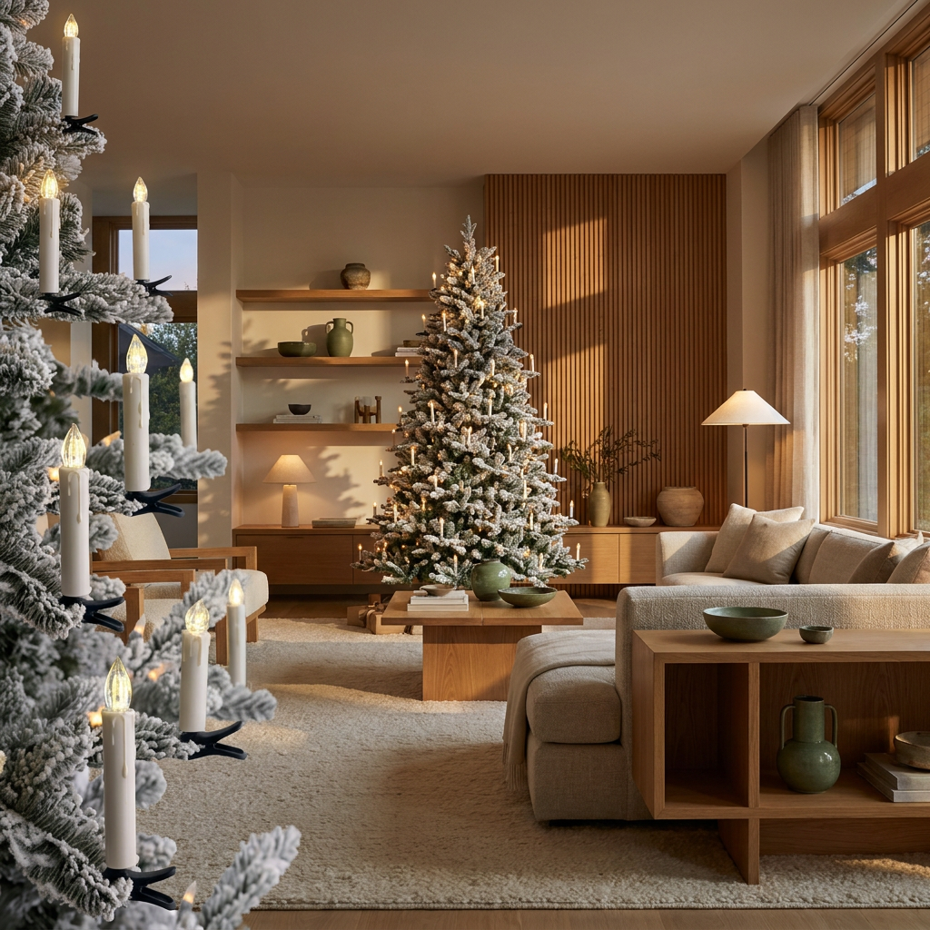 Clip on flameless LED Christmas tree candles in a Japandi interior, clipped onto the branches of a Christmas tree