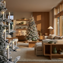 Clip on flameless LED Christmas tree candles in a Japandi interior, clipped onto the branches of a Christmas tree