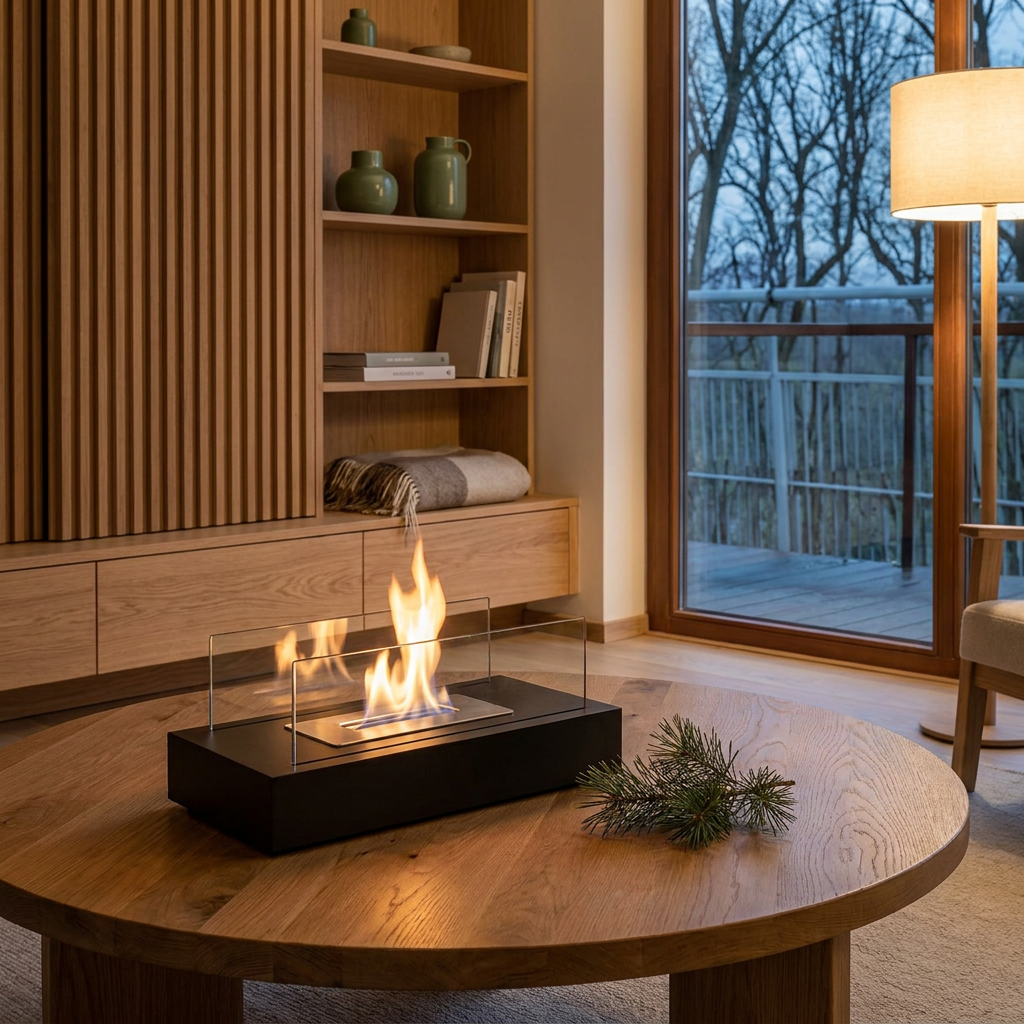 Glass and metal tabletop ethanol fire bowl in a Japandi interior, on an oak coffee table with a calm flame