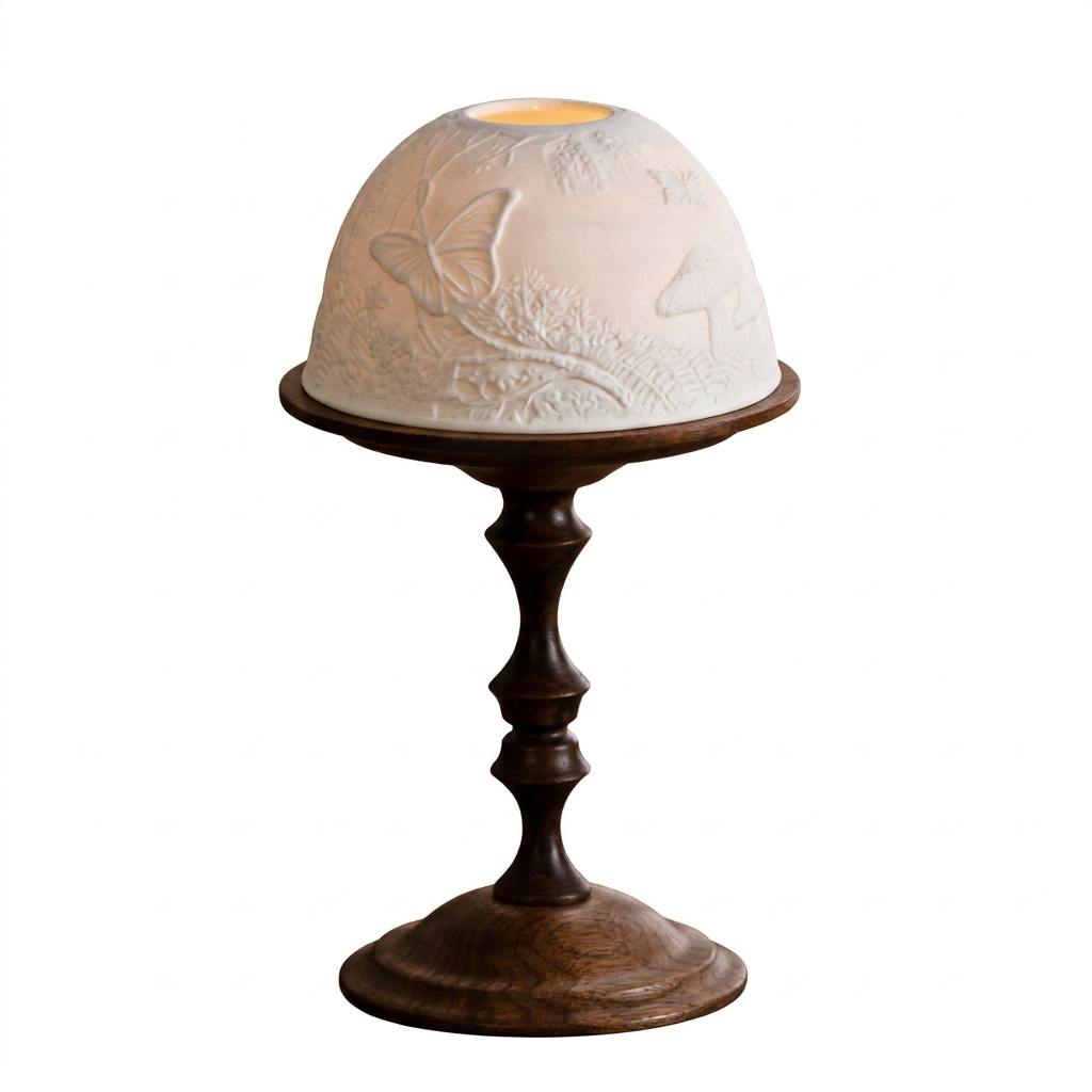 Carved porcelain dome candle lantern on a walnut base on a white background