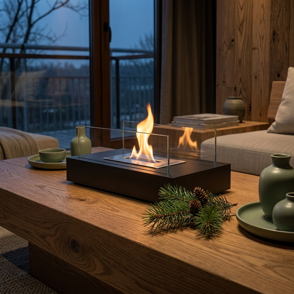 Glass and metal tabletop ethanol fire bowl close-up, on an oak coffee table with a calm flame