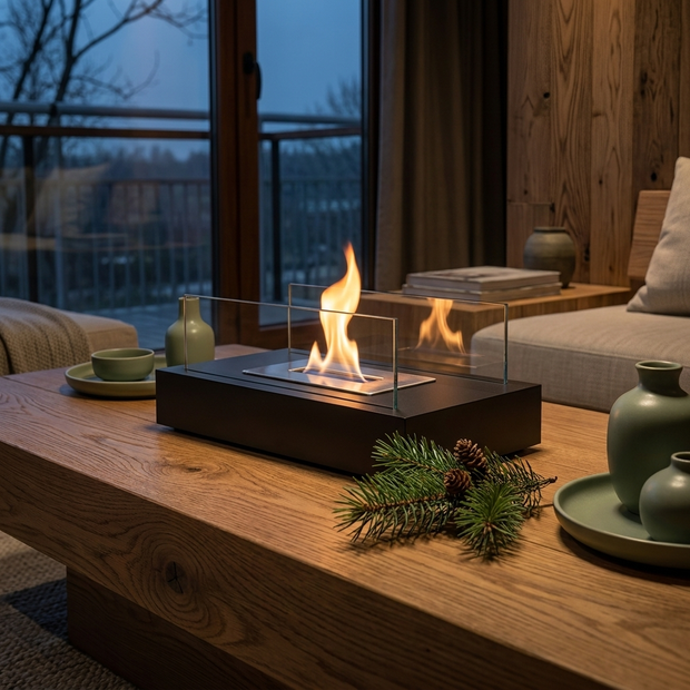 Glass and metal tabletop ethanol fire bowl close-up, on an oak coffee table with a calm flame