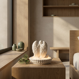 Gypsum angel night light and aroma diffuser lamp in a Japandi interior, on an oak nightstand, glowing softly