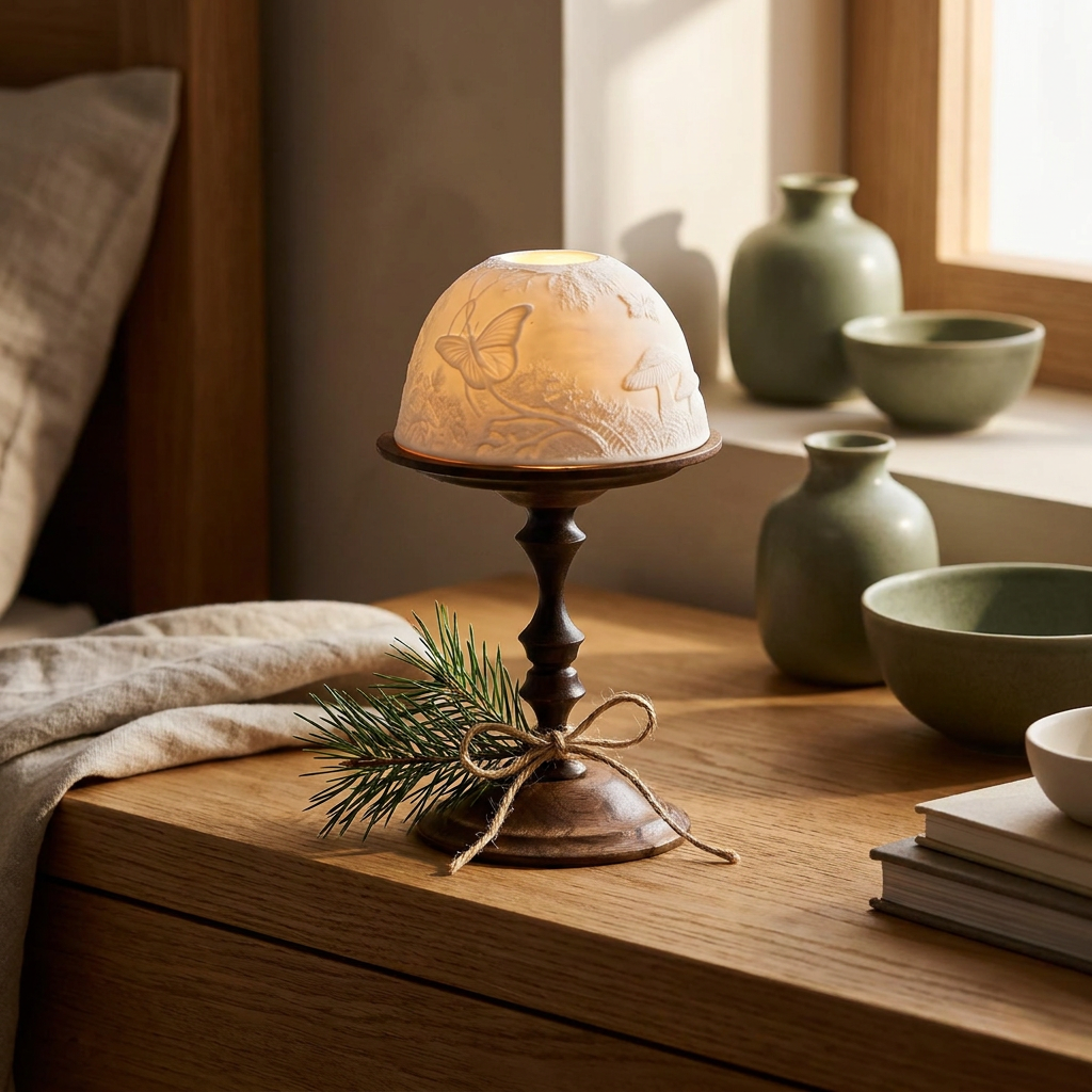 Carved porcelain dome candle lantern on a walnut base close-up, on an oak nightstand glowing from inside