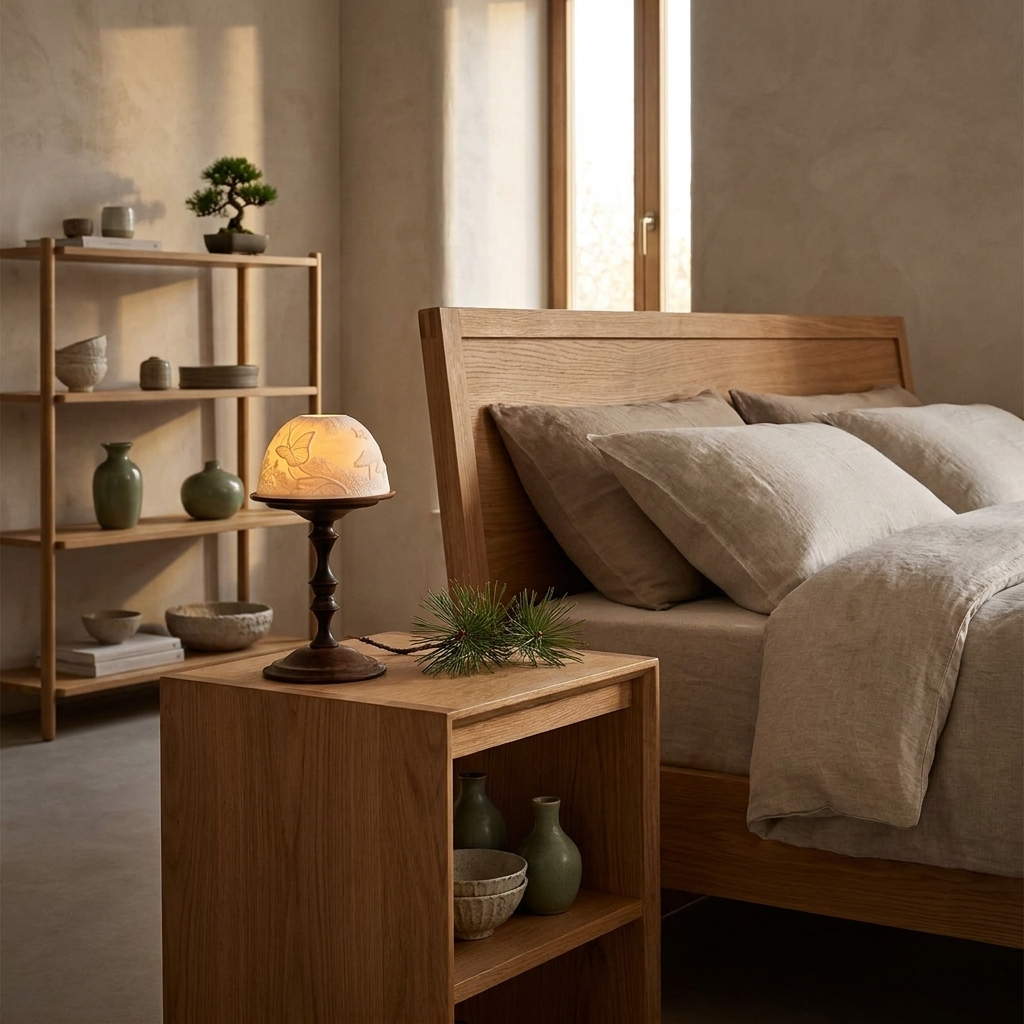 Carved porcelain dome candle lantern on a walnut base in a Japandi interior, on an oak nightstand glowing from inside