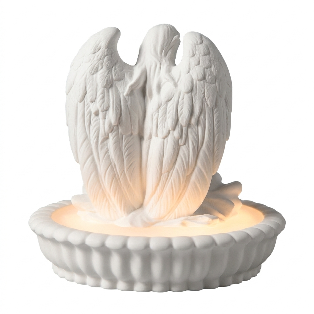 Gypsum angel night light and aroma diffuser lamp on a white background