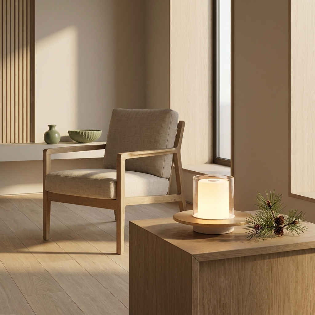 Cordless rechargeable LED candle table lamp in a Japandi interior, on an oak side table, glowing