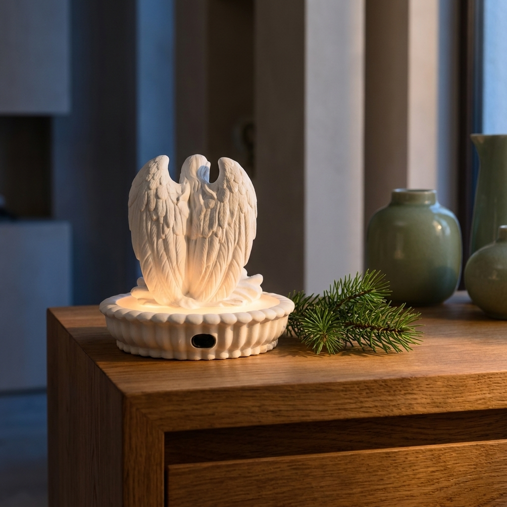 Gypsum angel night light and aroma diffuser lamp close-up, on an oak nightstand, glowing softly