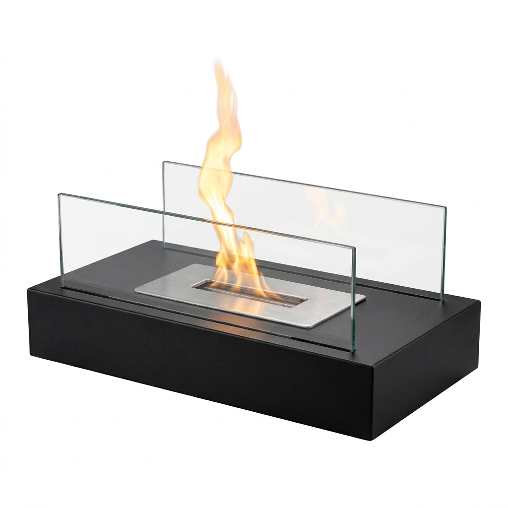 Glass and metal tabletop ethanol fire bowl on a white background