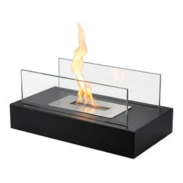 Glass and metal tabletop ethanol fire bowl on a white background
