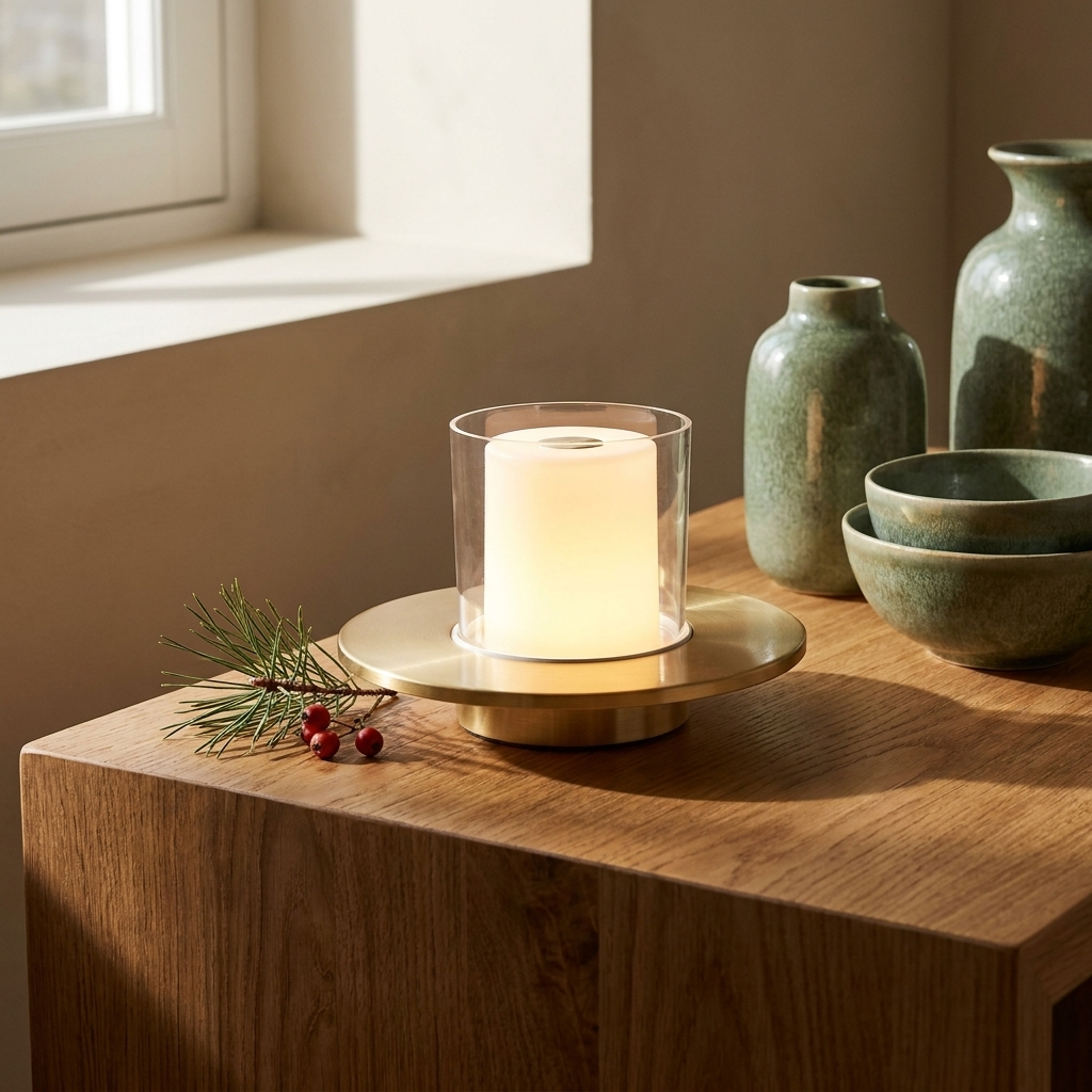 Cordless rechargeable LED candle table lamp close-up, on an oak side table, glowing