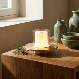 Cordless rechargeable LED candle table lamp close-up, on an oak side table, glowing